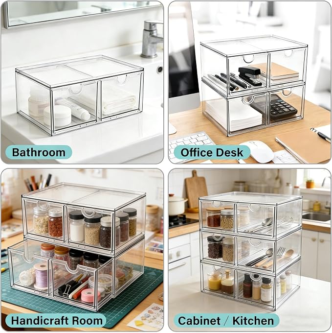 Prsildan Acrylic Storage Drawers Clear Makeup Organizer with 4 Drawers | Transparent, Stackable, For Vanity Bathroom Kitchen Cabinets Office Desk Undersink, Cosmetics Toiletries Home Small Items