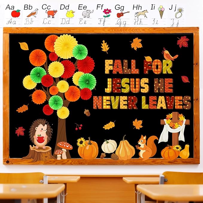 81 Pcs Fall for Jesus He Never Leaves Bulletin Board Set Thanksgiving Tree Bulletin Board Decorations for Classroom 3D DIY Paper Fans Religious Cross Wall Decor Thanksgiving Hedgehog Cutouts