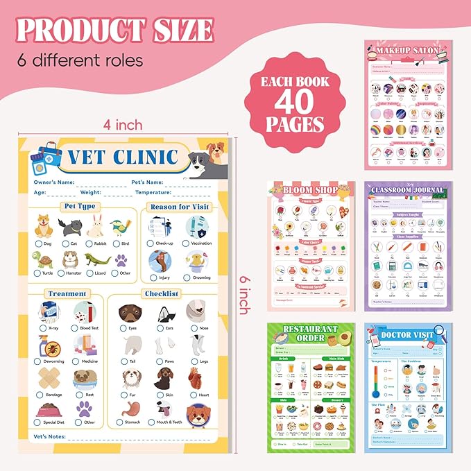 6 Pack Kids Pretend Play Notepads, 40 Pages Kids Playtime Pads, 4'' x 6'' Girls Theme Imaginative Role Play Activity Pads