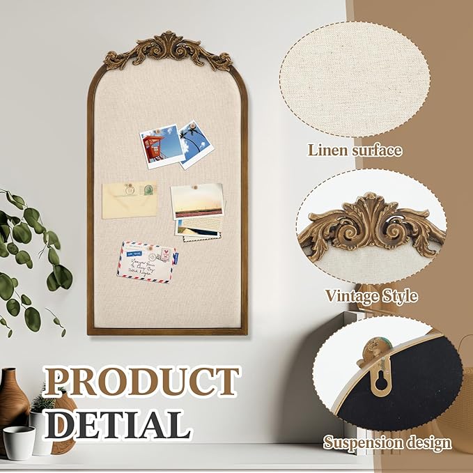 Vintage Framed Pin Board Linen Display Bulletin Board Large Ornate Fabric Picture Photo Pinboard Memo Decorative Prayer Pinboard Ornate for Wall Gift(Arch,13" X 25",Vintage Golden)