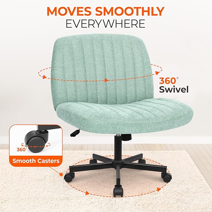 Orange Factory Criss Cross Chair Wheels Wide Cross Legged Office Desk Vanity Chair Comfy Fabric Armless Adjustable Swivel for Home Computer Task (Mint Wheel, Fabric)