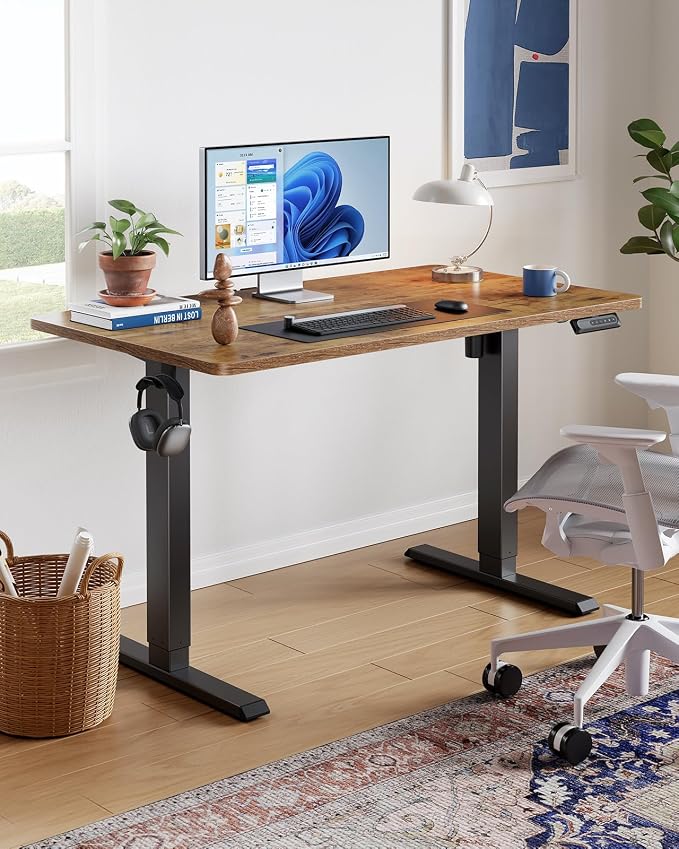 HUANUO 48x23 Inch Electric Standing Desk, Adjustable, Rustic Brown | 176 Lbs Capacity, Smooth Home Office Desk, 4 Memory Presets & Headphone Hooks, 28.3–46.5 Inch Height Range, Easy to assemble