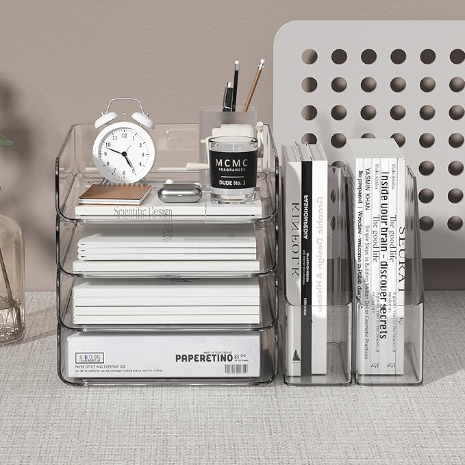 4-Tier Acrylic Paper Tray Organizer | Clear Stackable Desk Organizer for Documents, Letters, A4 Paper | Modern Office/Classroom/Home Organization,Clear