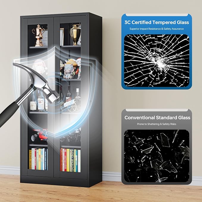 PEUKC Display Cabinet with Glass Doors, 71 Inches Metal Display Case with 4 Adjustable Shelves, Curio Storage Cabinet with Lock for Home, Office, Book, Pantry, Assemble Required (Black)