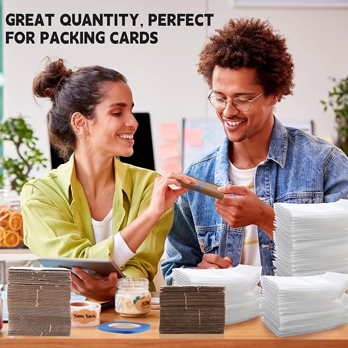 Tatuo 301 Pcs Trading Card Shipping Protector Set Include 200 Corrugated Cardboard Sheets Inserts 100 Poly Bubble Mailers Padded Envelopes and Masking Tape(White)