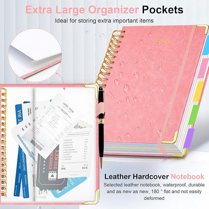 Hardcover Spiral Notebook 6.2"x 8.2" Journal Notebook with Tabs and Removable Dividers 300 Pages 5 Subject Notebook College Ruled, Faux Leather Spiral Bound Notebook for Women School Work (Pink)