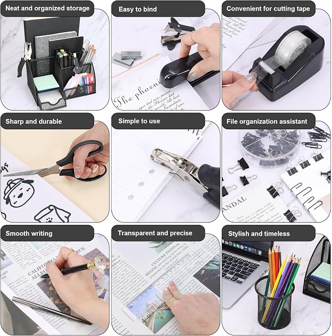 13-in-1 Office Desk Organizer Set for Back to School Supplies Accessories | Organizer Set with Stapler and Tape Dispenser, Pen Holder, Scissors, Ruler, Hole Punch, 2 Pens & More Desk Supplies