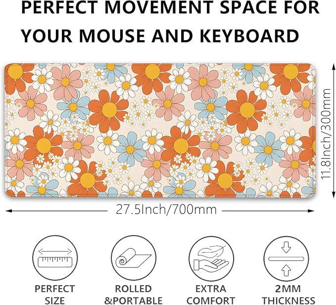 Vintage Floral Mouse Pad Daisy Desk Pad,Retro Flower Mouse Mat,Floral Desk Mat Mouse Mat for Desk,Keyboard and Mouse Pads,Gaming Mouse Pad Mousepad for Computer Office Home Work
