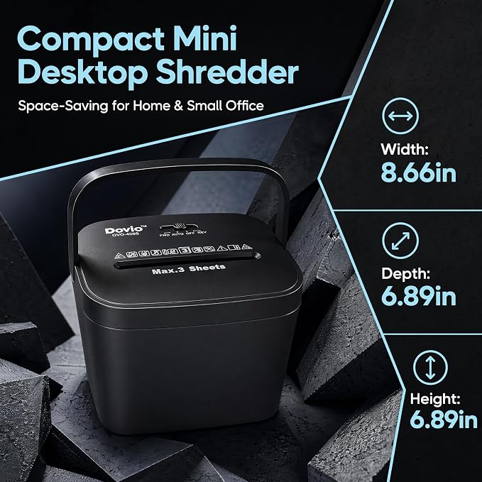 OVO-408S Mini Home Office Cross Cut Shredder, 3-Sheet Folded, 4L Bin | 4×28mm cross cut, jam reverse, 2m/min speed, <65dB quiet, 4min/60min cycle, shreds receipts, envelopes, home office privacy