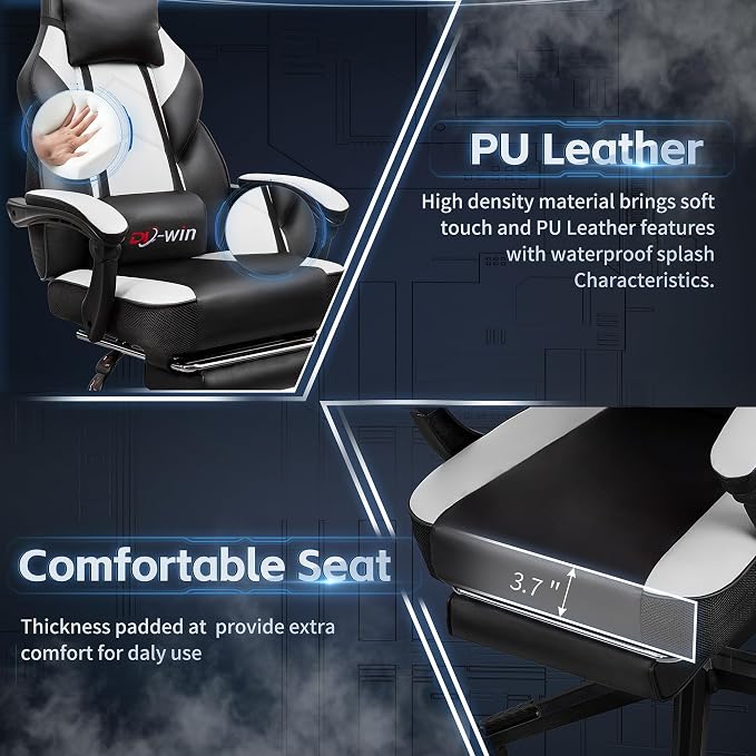 Video Gaming Chair for Adults, Computer Chair with Footrest and Ergonomic High Back, Big and Tall Gamer Chair with Massage Lumbar Support, 360° Swivel Height Adjustable Computer Chair, White