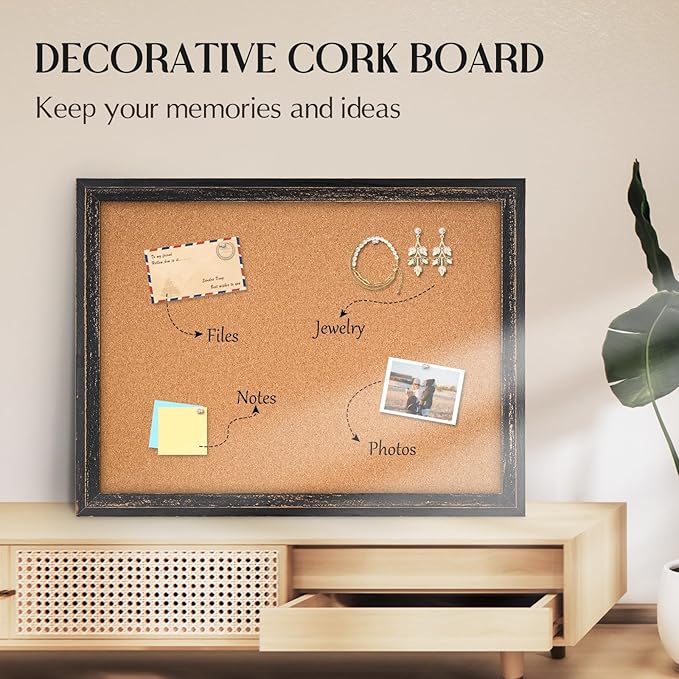 Large Cork Board Bulletin Board - 48'' x 36'' - Rustic Black Frame Corkboard for Wall - Decorative Message Board, Vision Board, Pin Board, Picture Board, Photo Board