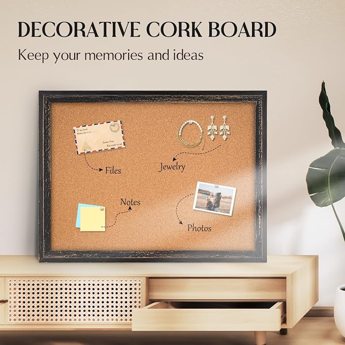 Cork Board Bulletin Board, 36"x24" Corkboard for Wall | Rustic Black Wooden Frame, Decorative Pin Board, Message Board, Notice Board, Vision Board for Home, Office, Kitchen