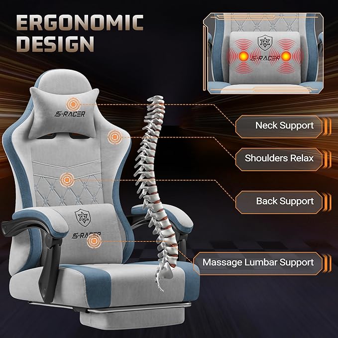 Homall Gaming Chair with Massage & Footrest, Ergonomic Computer Office Chair, High-Back Racing Style Reclining Chair with Adjustable Lumbar Support, Breathable Tech Fabric for Adults (Grey)
