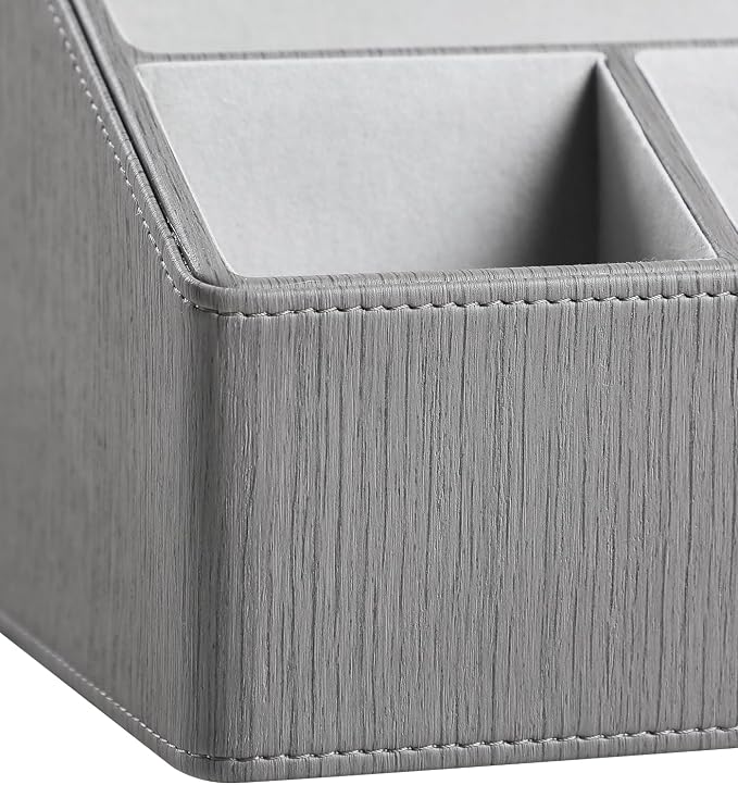 PU Leather Desk Organizer, Remote Control Holder, Grey | Luxury Nightstand Organizer for Home, Office Desk Accessories, Bedside Table Caddy with 5 Compartments, Velvet Lining