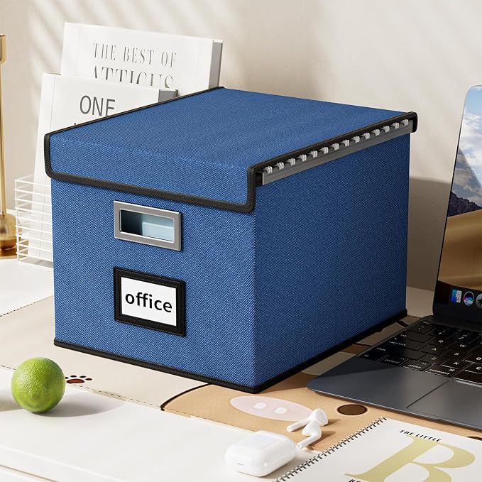 File Organizer Box with Lids, Collapsible File Folder Organizer | File Box with Plastic Slides for Document, Filing Bin for Letter Size Hanging File Folders (4 Pack, Royal Blue)