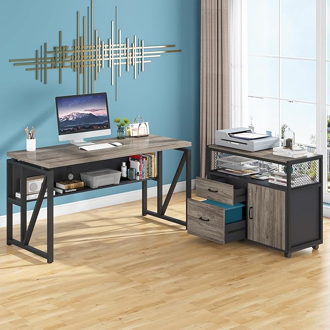 Tribesigns Grey Executive Desk with Cabinet, 55" L Shaped Computer Desk and lateral File Cabinet with Locks, 2 Piece Home Office Furniture Set for Hanging (Gray, 55 inches)
