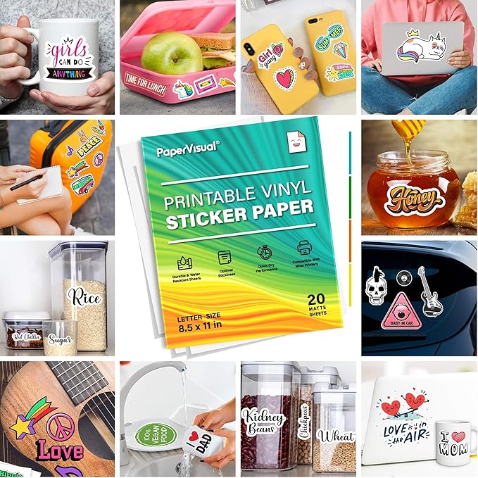 Premium Printable Vinyl Sticker Paper for Inkjet and Laser Printer - 20 White Matte Sticker Paper Waterproof - Excellent Adhesion Paper 8.5 x 11, Fast Dry, Holds Ink Well, Great for Cutting Machines