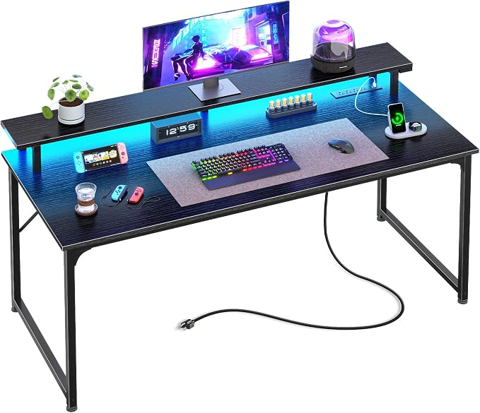 48 inch Gaming Desk, LED & Power Outlets, Monitor Stand, Black | Sturdy PC Desk for Home Office, Study & Work, LED Lights, 4 AC Outlets & USB-C Charging Station
