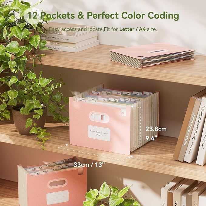 EcoStash 12 Pockets Accordion File Organizer, Upright & Open Top | Wheat Straw, 100% BPA Free, Monthly Bill Receipt Organizer, Letter/A4 Size for School Home Office Hospital - Strawberry Pink