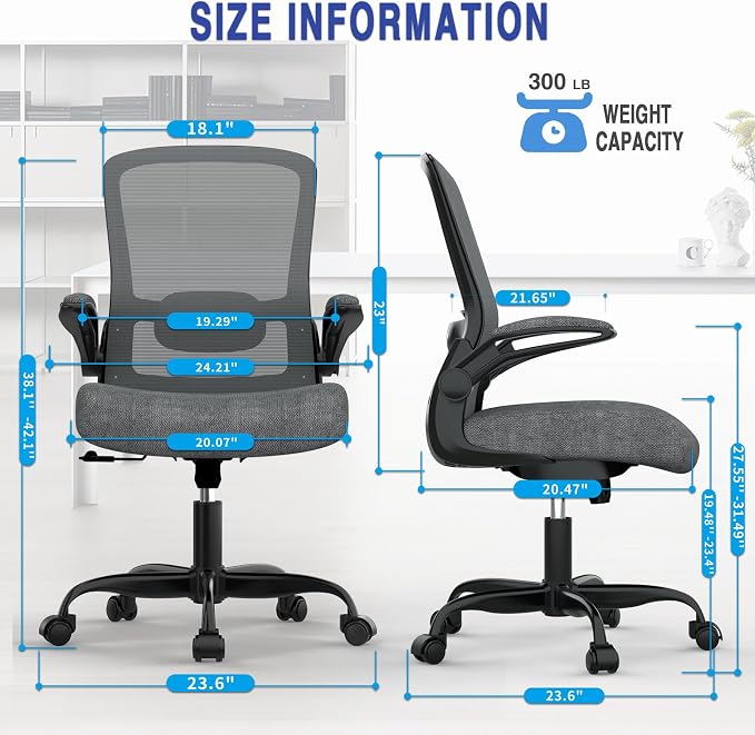 Ergonomic Office Chair w/Adjustable Lumbar, Flip Armrest, 135° Recline | Supports 300 lbs · Seat 19.48"–23.4" · Breathable mesh · 20–30 min assembly · 5-year warranty