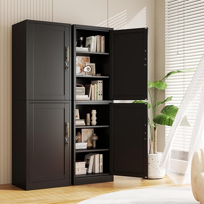 Tall Metal Narrow Bathroom Storage Locker Cabinet 67" H,Black Kitchen Pantry Cabinets with 4 Adjustable Shelves and 2 Lockable Doors,File Cabinet Organizer for Kitchen Home Office Living Dining Room