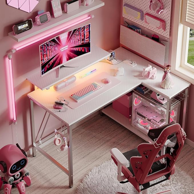 Bestier 42-Inch L-Shaped Computer Desk with Charging & LED, White | Charging 2AC+USB+Type-C, RGB LED 7 Colors/22 Modes, Reversible Storage Shelves, Headphone Hook, Small Space, 42x31.5 in