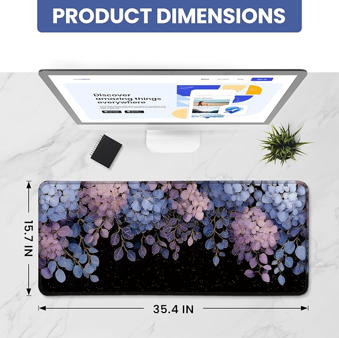 Aesthetic Desk Mat, Cute Midnight Hydrangea Desk Pad Protector for Work & Decor, 35.4" x 15.7", Pretty Non-Slip Extended Mouse Pad for Office or Home