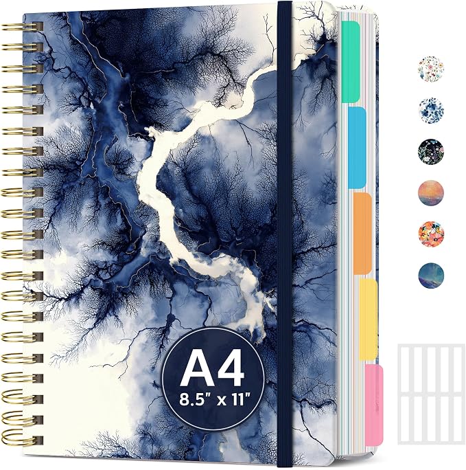 Large Spiral Notebooks for Work 5 Subject with Removable Dividers | 8.5" x 11" Pretty Hardcover Notebook Journal for Women, College Ruled, Perfect for Study & Office , 280 Pages, Marble Vein