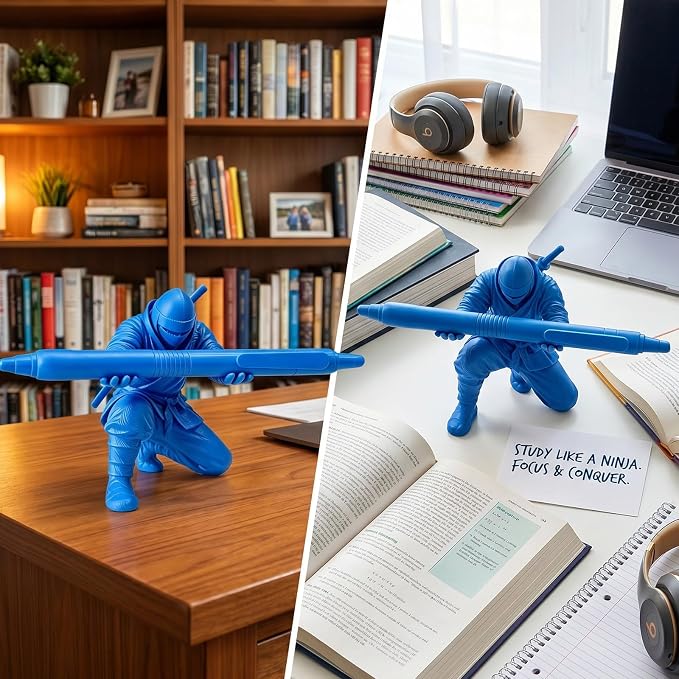3D Printed Ninja Pen Holder - Cool Ninja Figurine Pen Stand, Decorative Desk Organizer for Office & Home (blue)