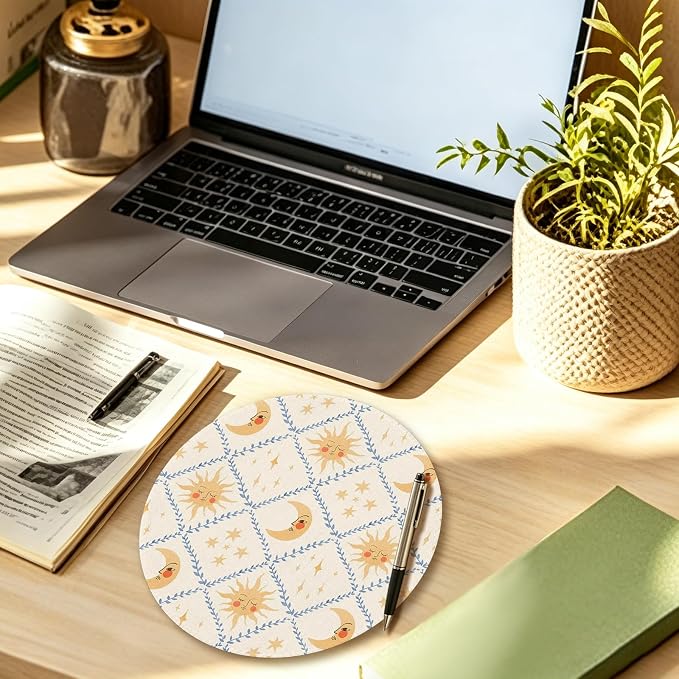 Boho Celestial Sun and Moon Round Mouse Pad 7.9x7.9in | Watercolor Sun and Moon Mystical Astrology Mousepad Mouse Mat for Computer Laptop Home Office Dorm Desk Accessories