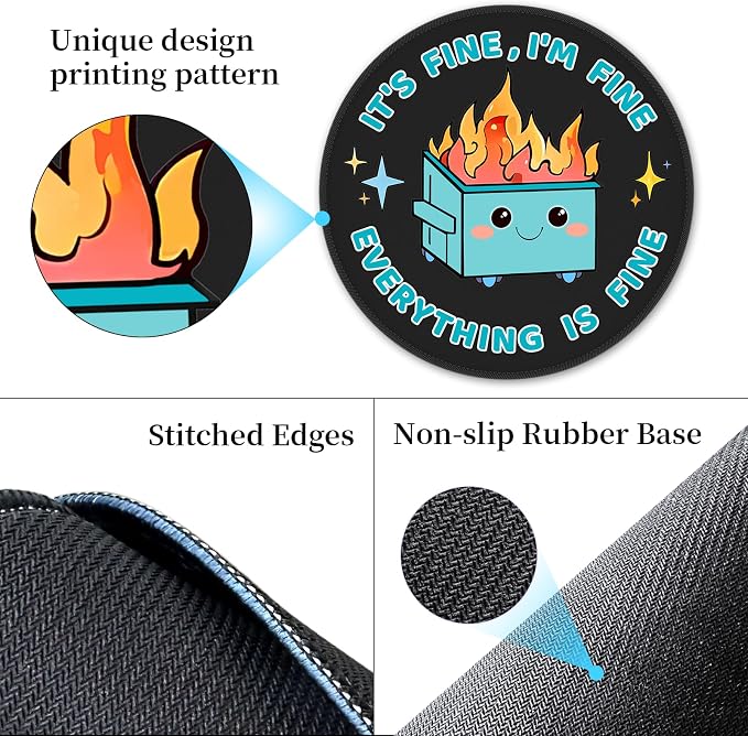 Hancynir Funny Mouse Pad, Dumpster on Fire Round Mousepad for Office Desk | Mouse Mat for Computer, Non-Slip Rubber Base, Office Desk Decor, Gifts for Work Coworker Teacher, 8.6 Inch, Stitched Edges