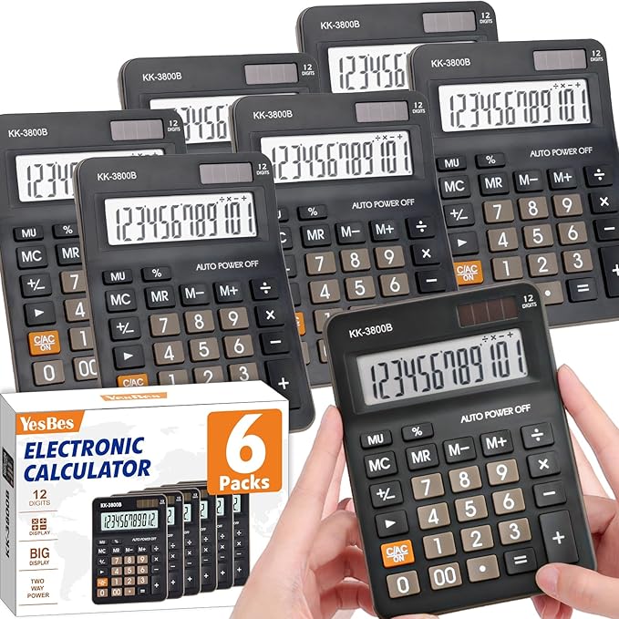 6 Pack Calculator Bulk, 12 Digit Desk Calculator with Large LCD Display & Big Buttons, Dual Power Solar & Battery, Standard Basic 4 Function Calculator for School, Office, Home