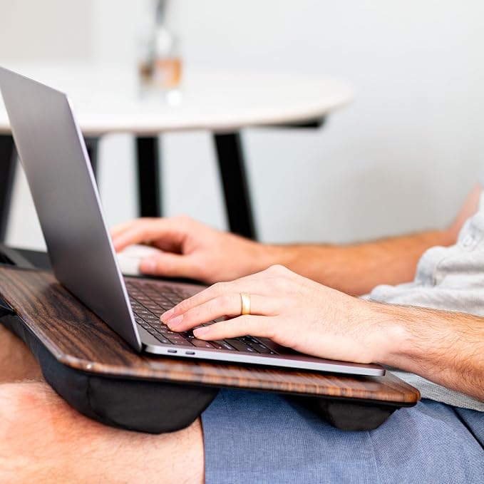 LAPGEAR Home Office Lap Desk – Espresso Woodgrain, Fits 15.6” Laptops | Built-In Mouse Pad & Phone Slot, Integrated Device Ledge, Dual-Bolster Microbead Cushion, Carry Handle