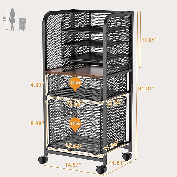 Feyejade 6-Tier Rolling File Cart Multi Mobile Drawer Cabinet Black | File cabinet organizer with wheels, letter size filing storage cart, home office hanging folder storage for teacher