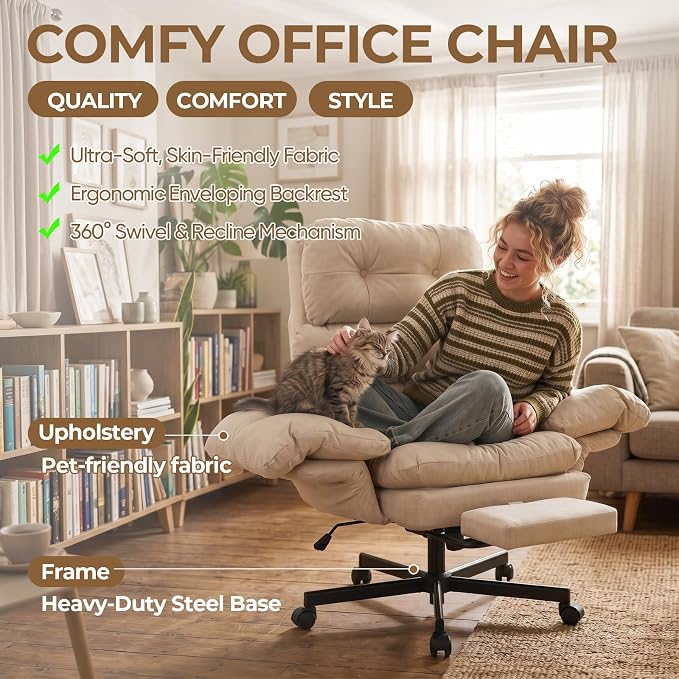 Criss Cross Office Chair with Foot Rest, Big and Tall Office Desk Chair with Flip Armrests for Pets & Cross Legged Sitting, Comfy Executive Ergonomic Reclining Computer Gaming Vanity Chair, White
