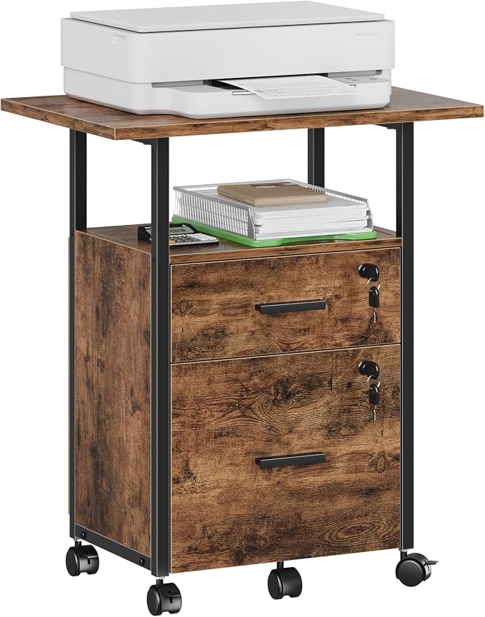 GYIIYUO 2 Wood Drawer Lockable File Cabinet with 22'' Extended Desktop | Mobile Filing Cabinet, Side Bag, Rolling Printer Stand, Fits A4&Letter Size, Home Office, Rustic Brown