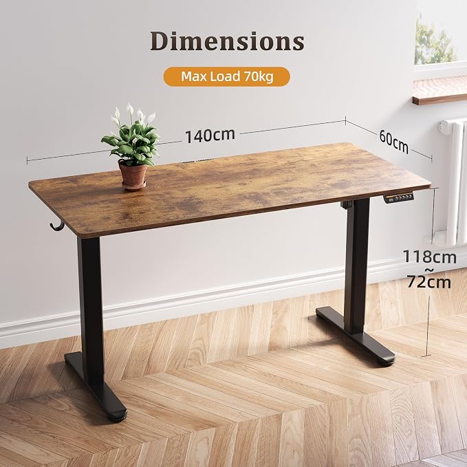 Claiks Electric Height Adjustable Standing Desk, 55x24 Inch, Rustic Brown | Smooth Height Adjustment, 3 Memory Presets, Cable management hub & hook, Stable Steel Frame, 156 lbs Capacity, Easy Assembly
