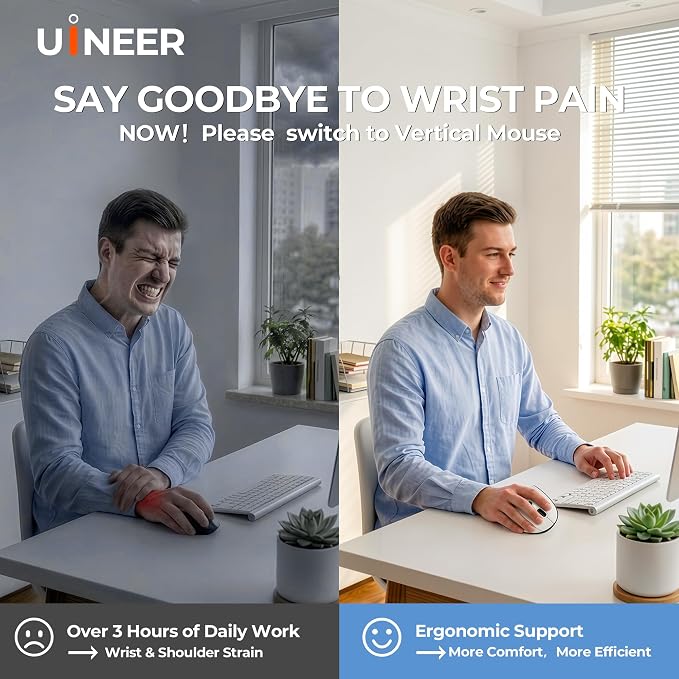 Uineer Ergonomic Wireless Vertical Mouse, 3-Mode Bluetooth 5.0/4.0 & 2.4GHz | Rechargeable, USB-A Receiver, Silent Computer Mouse for Laptop, Mac, iPad and PC, 4 DPI Levels, LED Light, 3-Device Switching