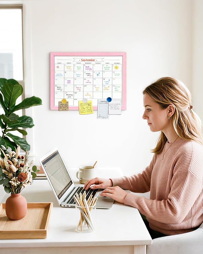 TORASO Dry Erase Monthly Calendar Board, Magnetic Whiteboard for Wall, Office/School/Home, Solid Wood Pink Frame Hanging Board 13"x 17"(YL-Pink-3343-B)