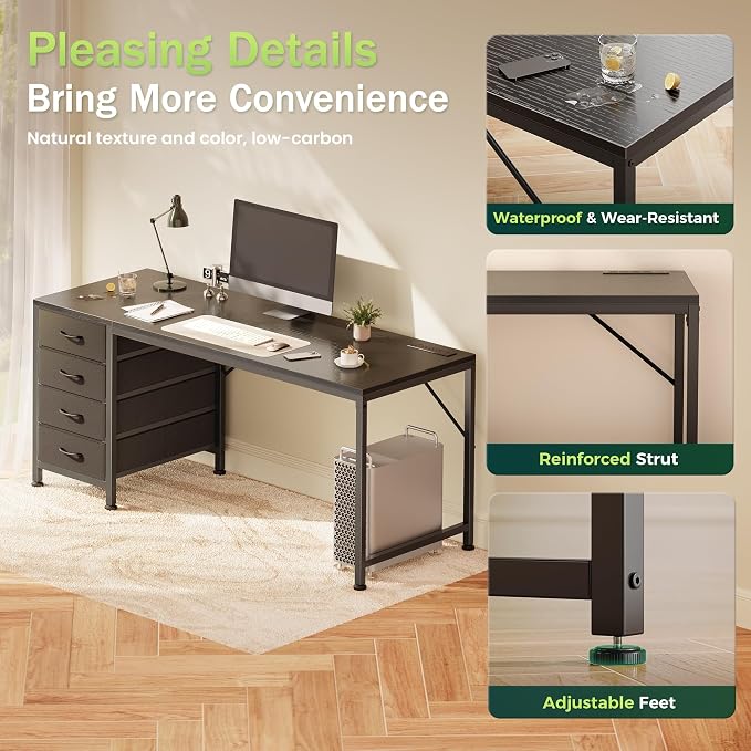 55.1 Inch Computer Office Desk with Power Outelts and USB-C Port, Reversible Gaming Desk with 4 Fabric Drawers, Work Study Desk Work from Home, Black