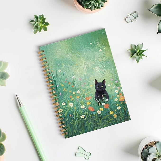 ROXMART Black Cat Wildflower Field Spiral Notebook, Black Cat Gifts Journal, Gifts for Cats Lovers, Rustic Floral Cute Kitty Kitten Hardcover Notebook Journal, 5.5x8.3 Inch