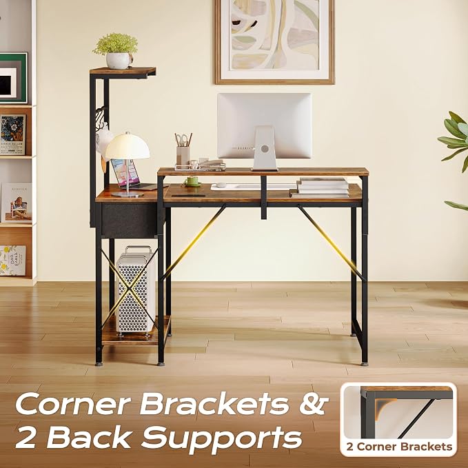 39.4 Inch Gaming Desk with LED Lights & Power Outlets | Small Computer Desk with Drawer & Storage Shelves, Office Writing Desk with Monitor Stand for Work from Home, Rustic Brown