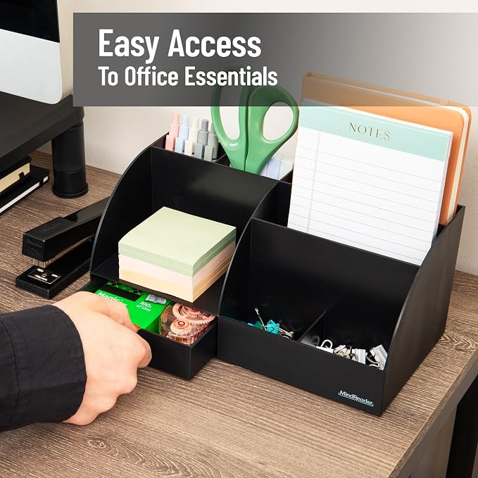 Mind Reader 7 Compartment Desktop Organizer, Plastic, Black | Office Desk Organizer, For Pens, Mail and Accessories, Workspace Organizer