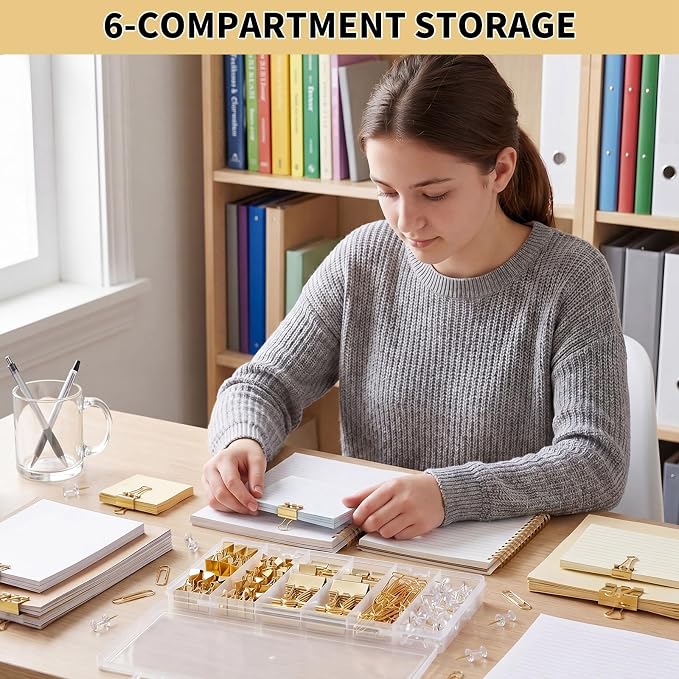 BESARME Gold Paper Clips, Binder Clips & Push Pins Set, 279 PCS | Assorted sizes, back to school supplies, reusable metal clips, 6-compartment organizer box, for office, school and home use
