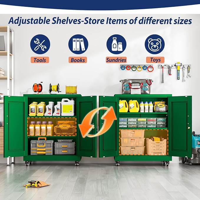 PAOFIN Metal Storage Cabinet-35” Tall Steel File Cabinets with Lockable Doors and Adjustable Shelves, Steel Tool Cabinet with Wheel for Home, School, Office, Garage Green