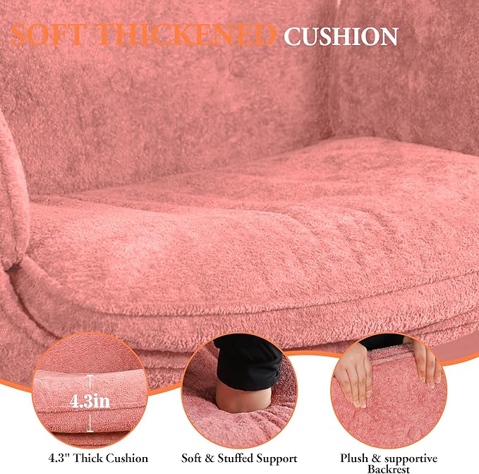 Criss Cross Chair with Footrest & 5 Level Folding Arms Full Relaxation, Wide Cross Legged Office Chair for Home Office, Comfy Swivel Desk Chair with Ottoman, Chenille Vanity Chair (Pink)