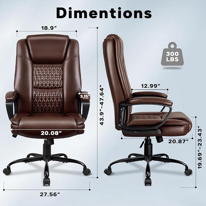 Office Chair, High Back Ergonomic Home Office Desk Chairs with Lumbar Support, Adjustable Big and Tall Computer Chair, 360° Swivel, PU Leather, Brown