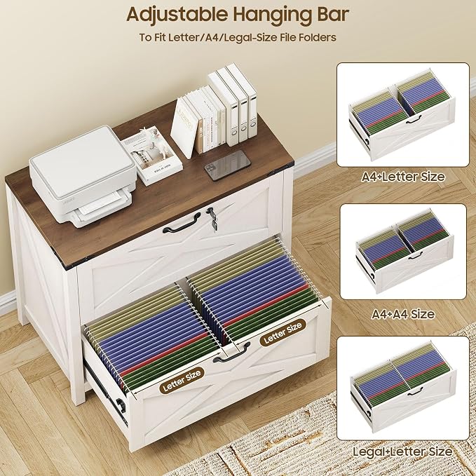 Halitaa Farmhouse Lateral File Cabinet with 2 Drawers, White and Brown | Lateral Filing Cabinet with Lock for Letter/A4/Legal Size, Large Wood File Storage Cabinet Printer Stand for Home Office