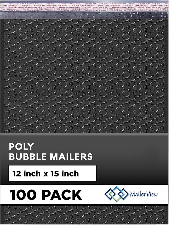 Jet Black Bubble Mailers 12x15, Self Seal Poly Padded Envelopes, 100 Pack | Holds Clothing & Bulk Items, No Tape Needed, Cushioned Protection, Water-Resistant Poly, Bulk Pack for Small Business