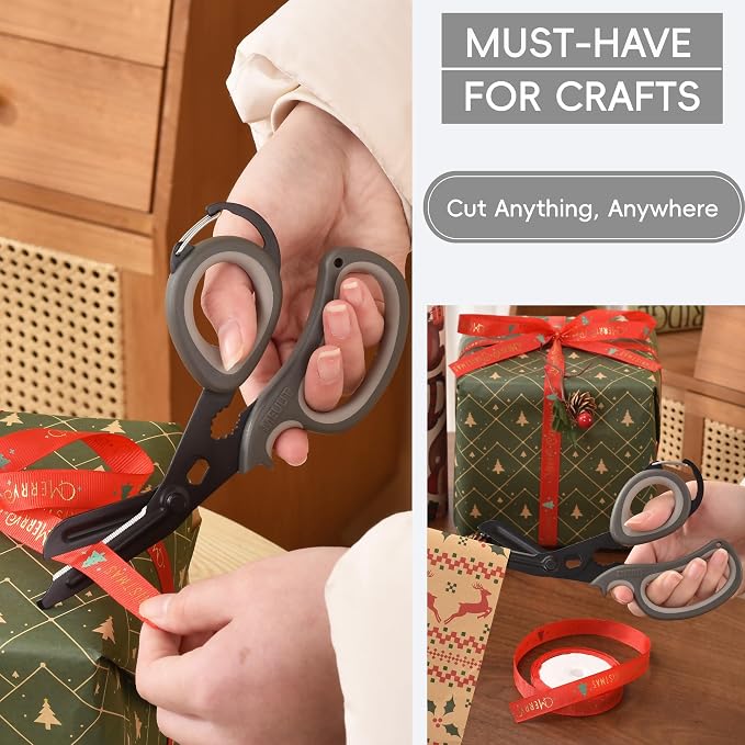 MEUUT All Purpose Scissors 2 Packs with Carabiner for Kitchen Outdoor | 7.5-inch heavy duty all purpose, Ambidextrous, micro-serrated stainless steel blades, integrated O2 wrench, soft rubber grip